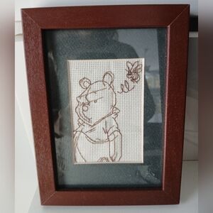 Framed Brown Embroidered Pooh Bear Art - Handmade